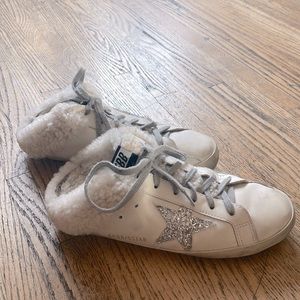 GOLDEN GOOSE silver star furry sneakers.